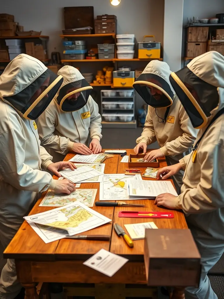 A group of beekeepers in Brittany, France, gathered around a table, discussing bee health strategies with maps and documents spread out, showcasing collaborative problem-solving.