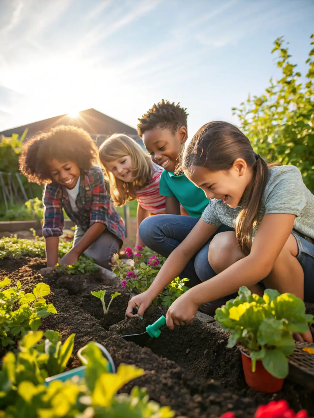 A diverse group of people, including children, planting bee-friendly flowers in a community garden, highlighting the importance of biodiversity.