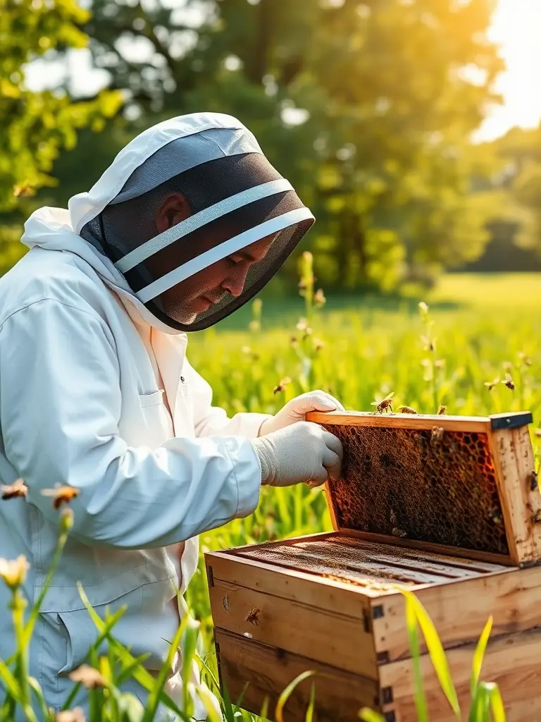 A close-up photograph of a beekeeper inspecting a beehive frame, covered with bees, in a sunny apiary in Brittany, France. The beekeeper is wearing protective gear, and the focus is on the health and activity of the bees.