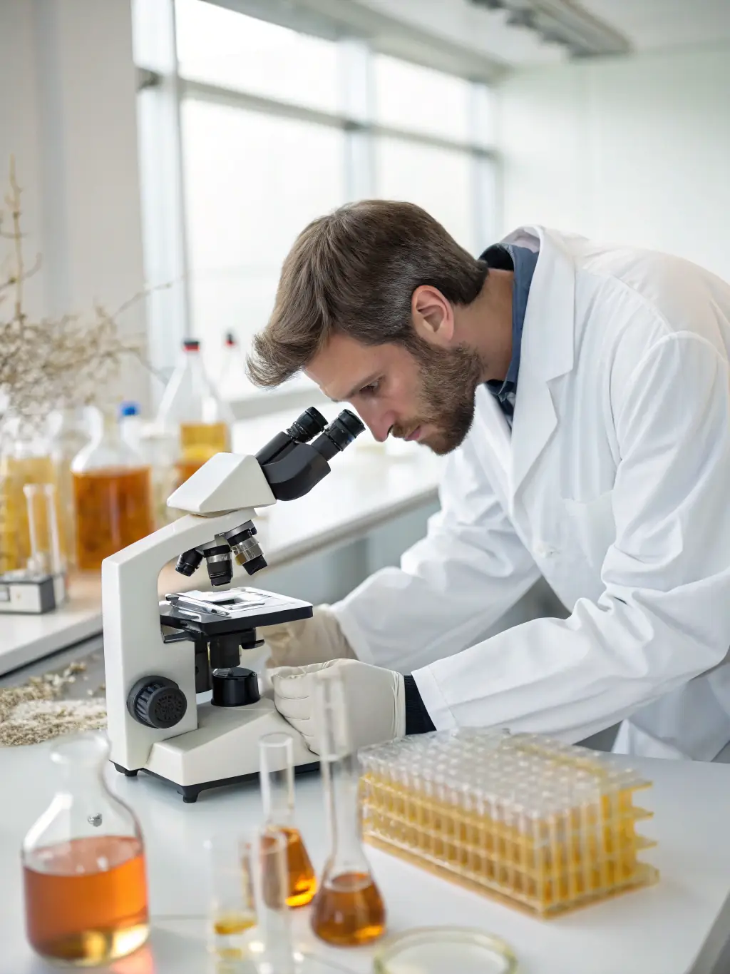 A researcher in a lab coat examining a bee sample under a microscope, representing scientific efforts to understand and combat bee diseases.