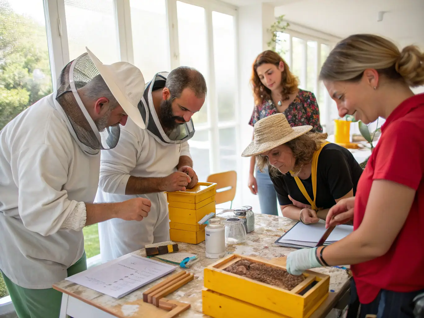 A photograph of a group of beekeepers participating in a training workshop, learning about best practices in bee health management and sustainable beekeeping techniques.