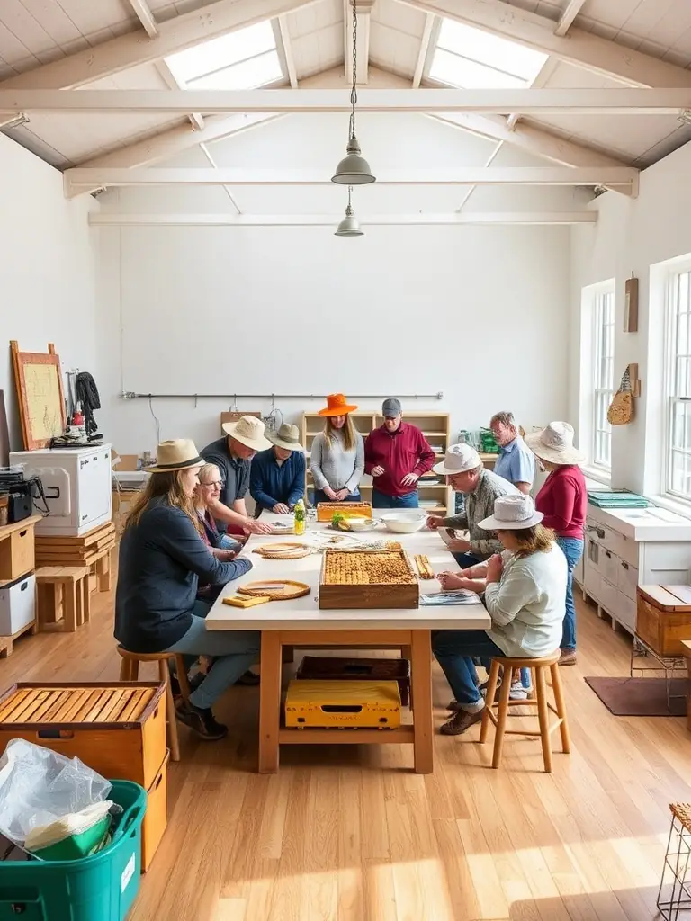 A photograph of a workshop where beekeepers are learning about varroa mite control techniques from an expert, with microscopes and samples visible on the tables.