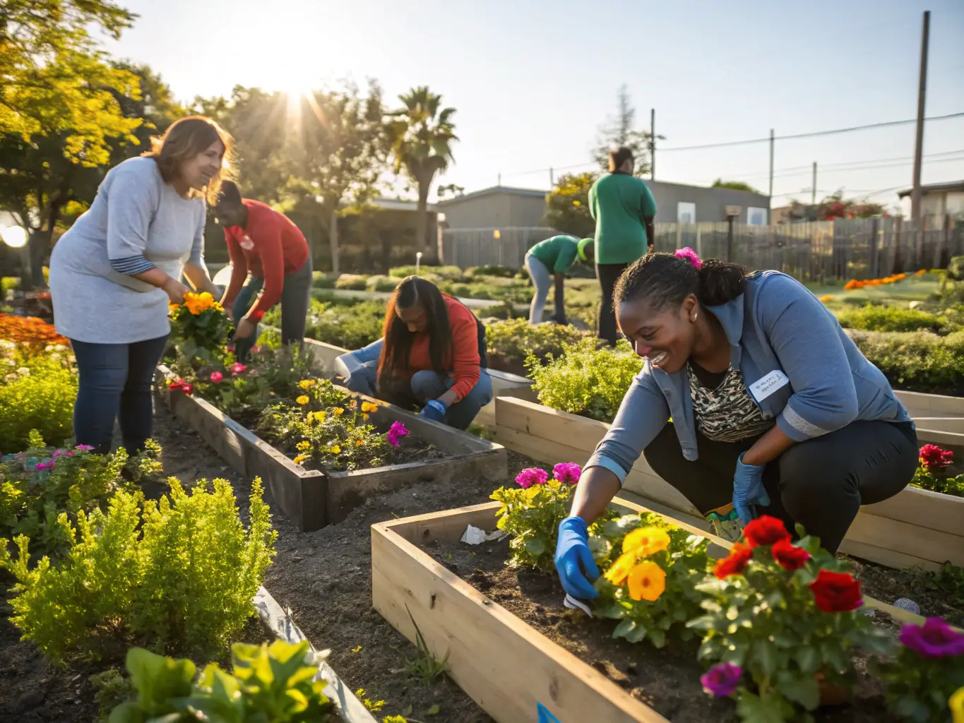 A photograph of a diverse group of volunteers working together to plant bee-friendly flowers and plants in a community garden, showcasing the collaborative efforts to support bee health and biodiversity.