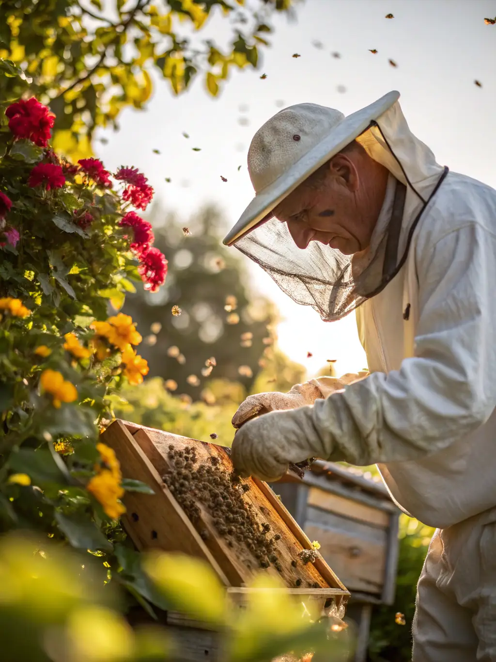A close-up shot of a healthy beehive with bees actively working, surrounded by blooming wildflowers, symbolizing a thriving bee colony.