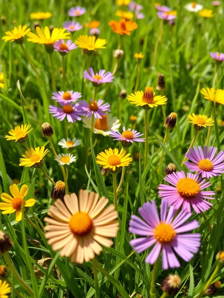 A scenic view of a wildflower meadow in Brittany, with various bee-friendly plants in bloom and bees actively foraging on the flowers.