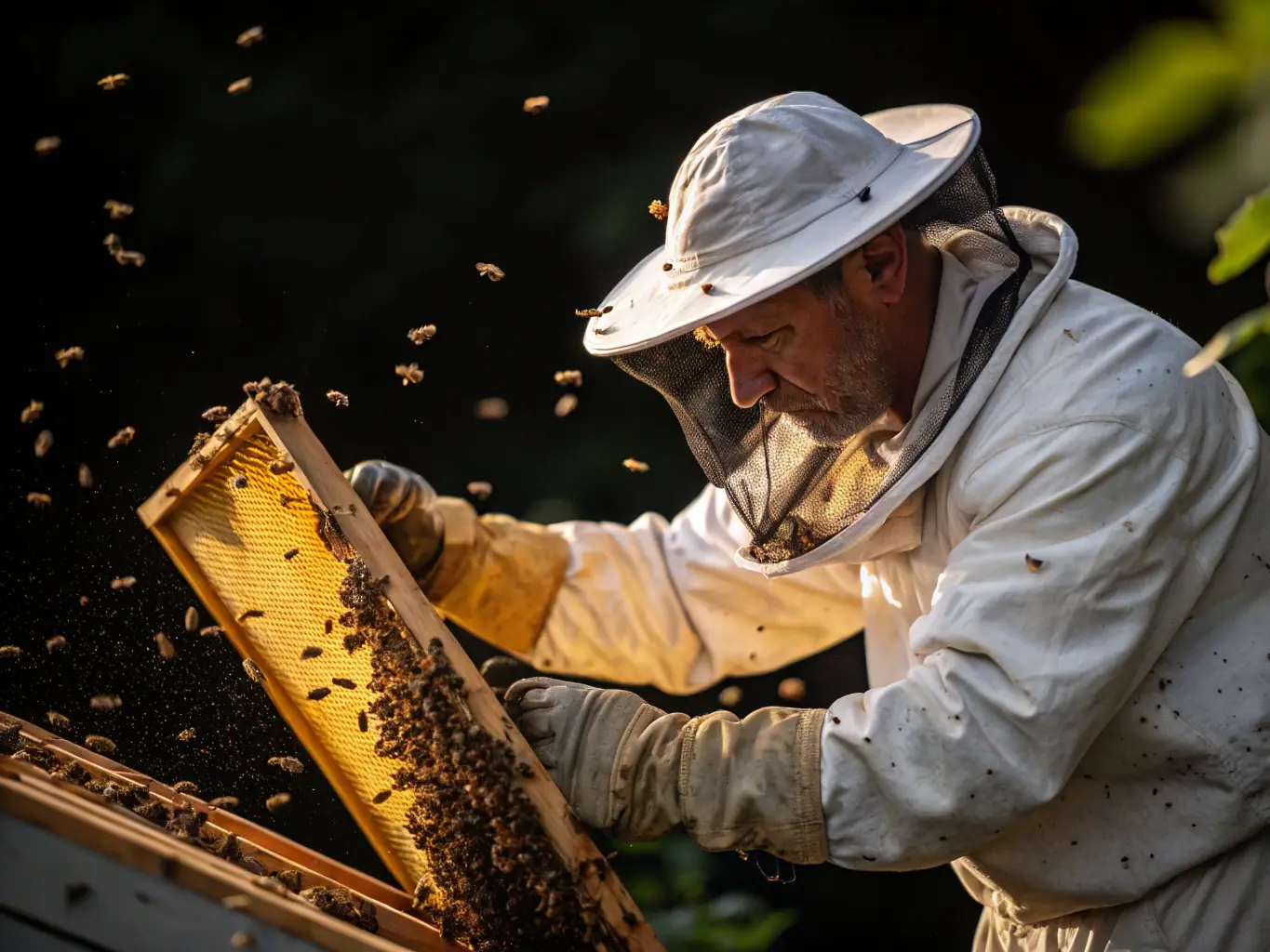 A photograph of a beekeeper carefully examining a honeycomb frame filled with healthy bees, with a focus on the intricate details of the hive and the bees' activity.