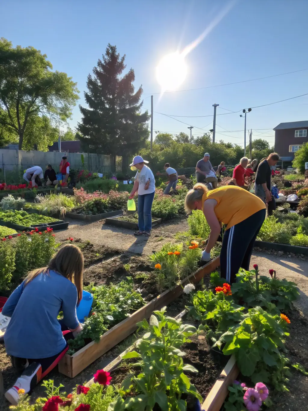 A group of volunteers planting bee-friendly plants in a community garden, with children participating and learning about the importance of bees.