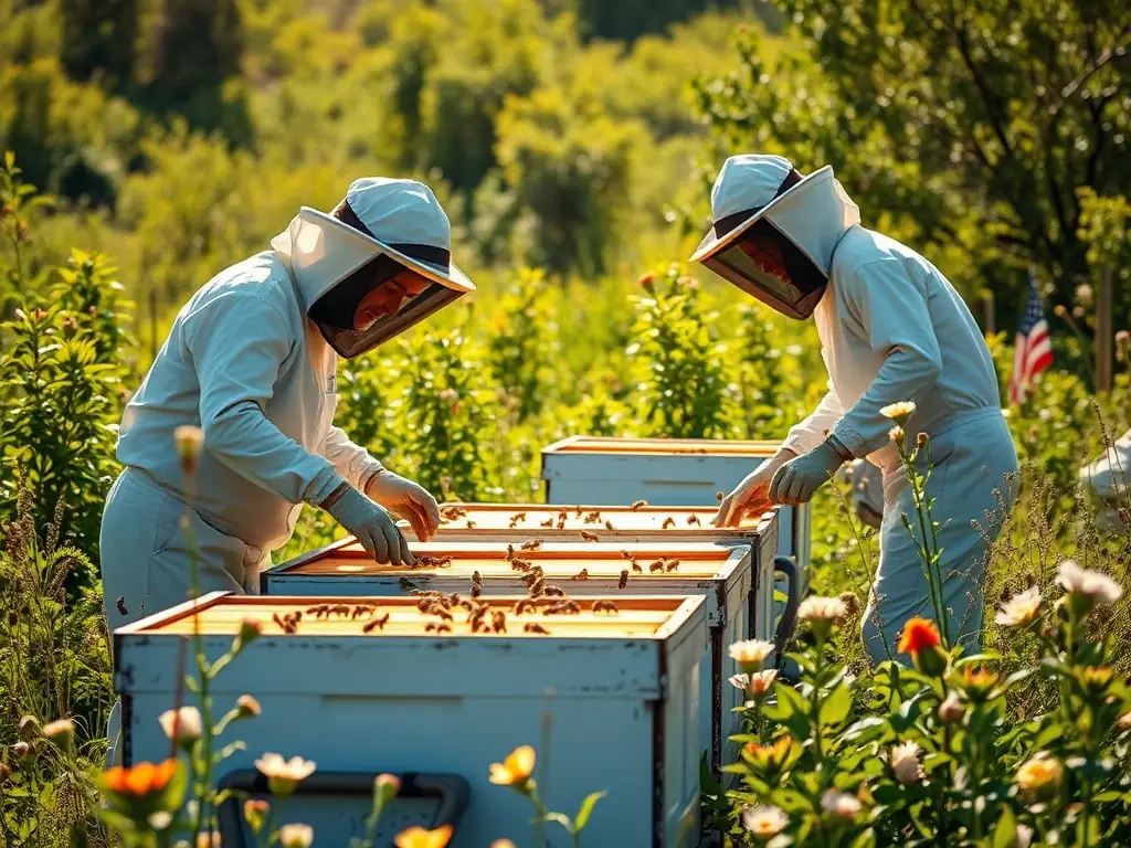 A photograph of a beekeeping workshop organized by A.D.S.A.G.O.B., showing participants learning about sustainable beekeeping techniques from an experienced instructor. The image should highlight the practical and hands-on nature of the training.
