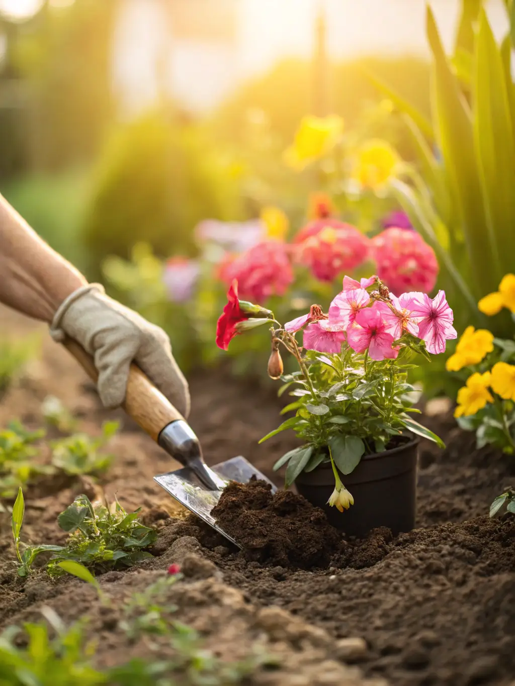 A person planting bee-friendly flowers in a garden, illustrating A.D.S.A.G.O.B.'s habitat restoration program.