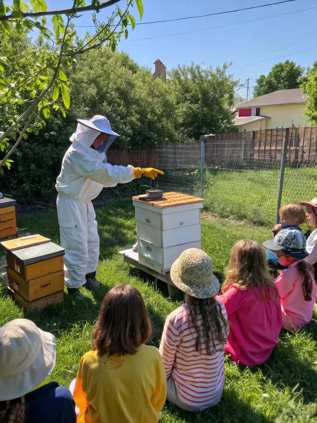 A group of people participating in a beekeeping workshop, demonstrating A.D.S.A.G.O.B.'s educational outreach efforts.