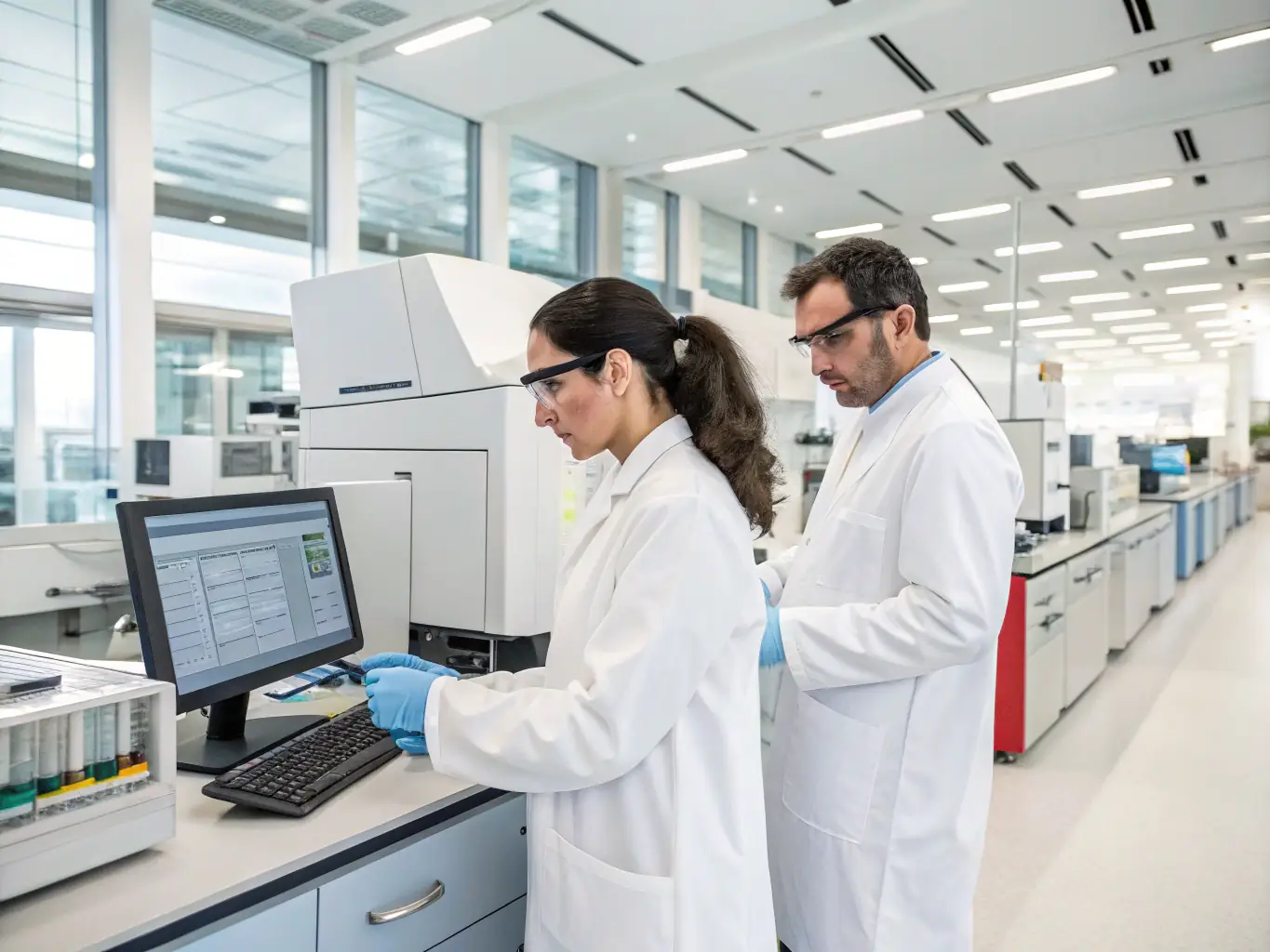 A detailed photograph showcasing A.D.S.A.G.O.B.'s research team examining honeybee samples in a laboratory setting. The image should convey a sense of scientific rigor and dedication to understanding bee health.