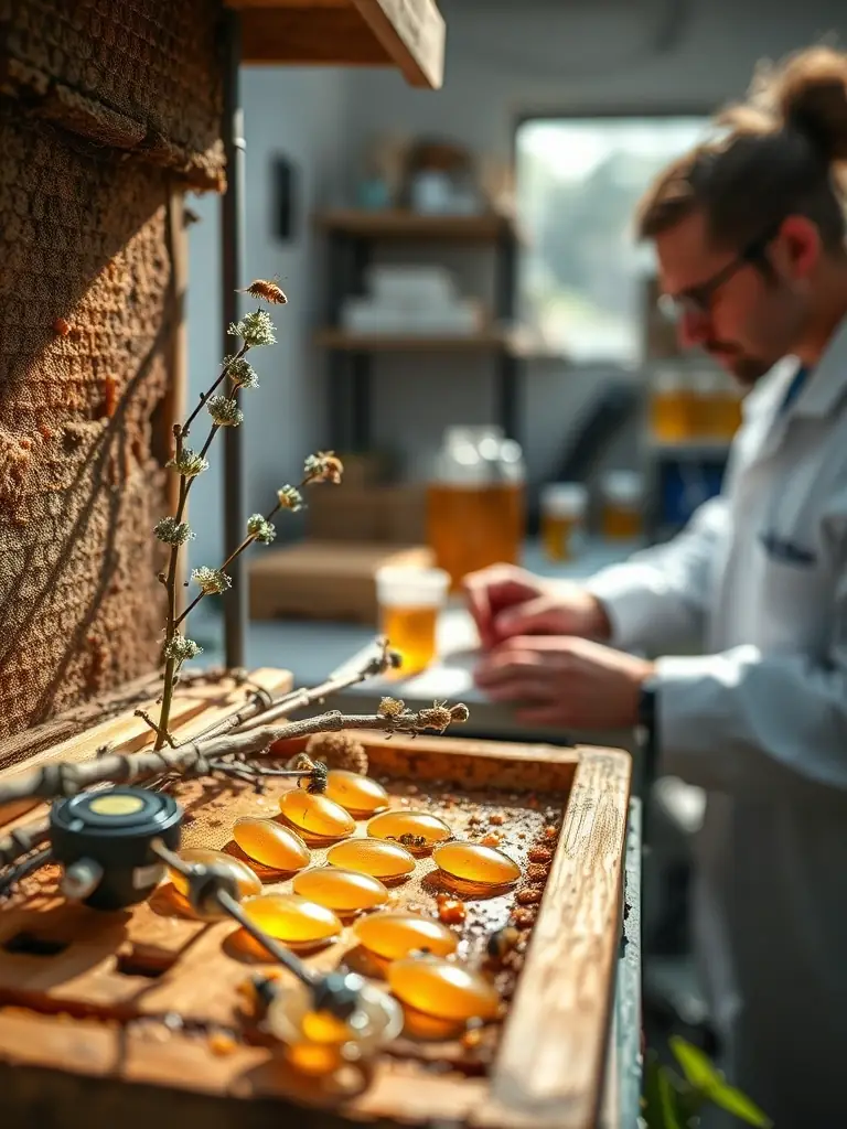 A close-up shot of researchers in protective suits examining a beehive in a natural setting, showcasing A.D.S.A.G.O.B.'s commitment to scientific research.